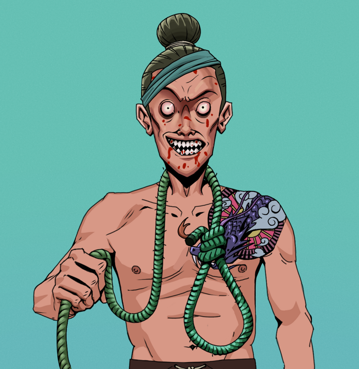 Assassin Fuzen — Degen Dojo NFT art (Shirtless Runt, Teal Daytime, Degens, Dragon Head Tattoo, Assassin Fuzen, Hair Bun, Noose, Mint)