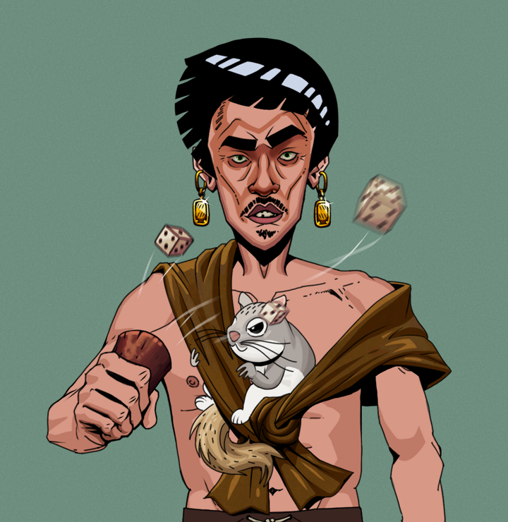 Gloomy Masumi — Degen Dojo NFT art (Gold Earrings, Olive Green, Degens, Little Momonga Friend, Gloomy Masumi, Shirtless Runt, Rock Lee, Chō-Han Gambling Dice, Mint)
