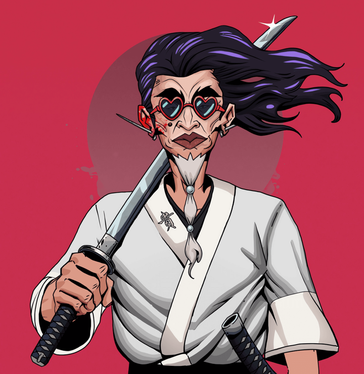 Yuji The Wise — Degen Dojo NFT art (Nails, Red High Moon, Degens, Honor Kimono, Yuji The Wise, Loveheart Shades, Flowing Battousai, Katana, Mint)