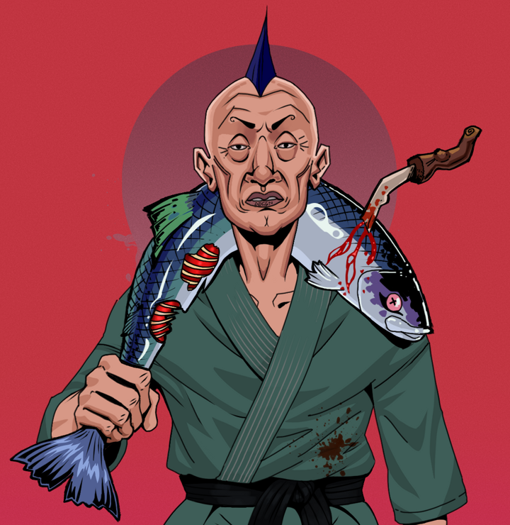 Goro — Degen Dojo NFT art (Shirtless Runt, Red High Moon, Degens, Fight Gi, Goro, Mohawk Spike, Dead Fish, Mint)
