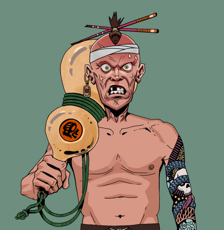 Angry Ikari — Degen Dojo NFT art (Dojo Paper Earring, Olive Green, Degens, Skull Sleeve, Angry Ikari, Shirtless Runt, Hair Bun With Chopsticks, Giant Sake Bottle, Mint)