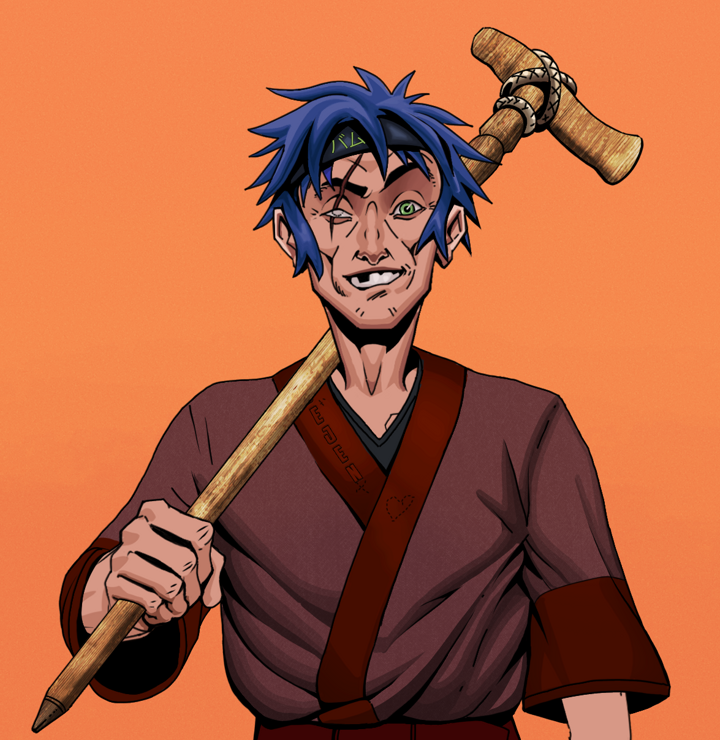 One-Eyed Itsuki — Degen Dojo NFT art (Shirtless Runt, Orange Afternoon, Degens, Proud Dejen Kimono, One-Eyed Itsuki, Bum Headband Ruffian, Wooden Walking Cane, Mint)