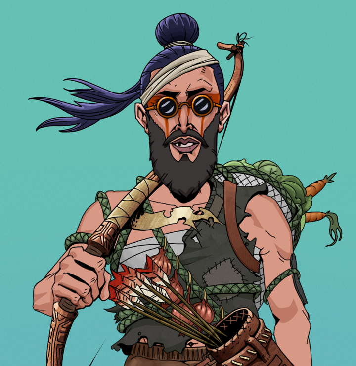 Oleg Of War — Degen Dojo NFT art (Shirtless Runt, Teal Daytime, Degens, Farmer, Oleg Of War, Dark Spectacles, Long Flowing, Runed Yumi, Mint)