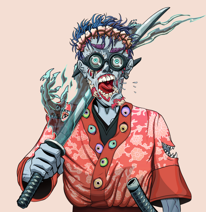 Tokuda — Degen Dojo NFT art (Shirtless Runt, Orange Afternoon, Demons, Silken Sunflower Kimono, Tokuda, Spectacles, Bum Headband Ruffian, Katana, Mint)