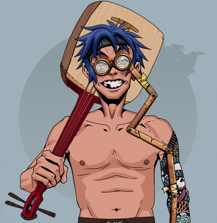 Cheery Haru — Degen Dojo NFT art (Shirtless Runt, Grey Mist, Degens, Skull Sleeve, Cheery Haru, Telescopic Glasses, Bum Headband Ruffian, Shamisen, Mint)