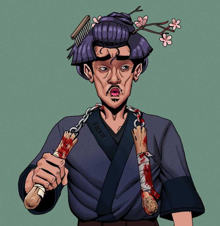 Masumi Steel — Degen Dojo NFT art (Shirtless Runt, Olive Green, Degens, Fuck You Kimono, Masumi Steel, Disheveled Geisha, Bloody Nunchucks, Mint)