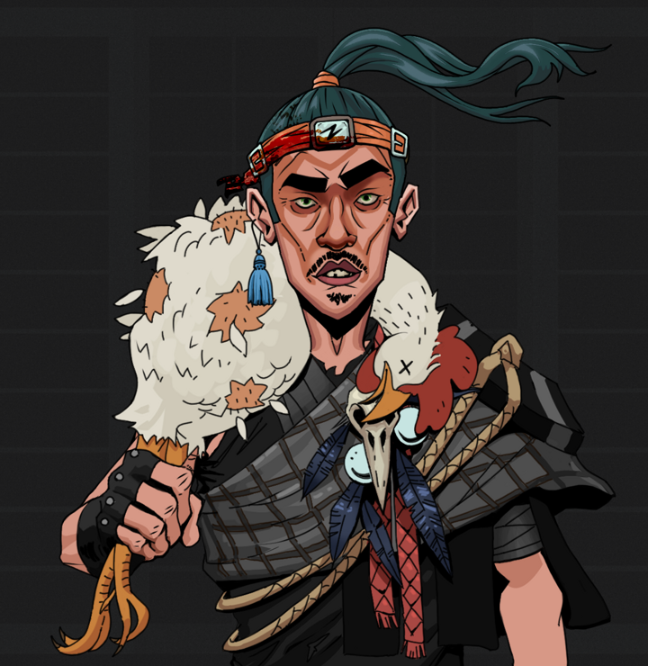 Gloomy Masumi — Degen Dojo NFT art (Tassel, Shoji Night, Degens, Bird Shaman, Gloomy Masumi, Shirtless Runt, Green Bandana, Chicken, Mint)