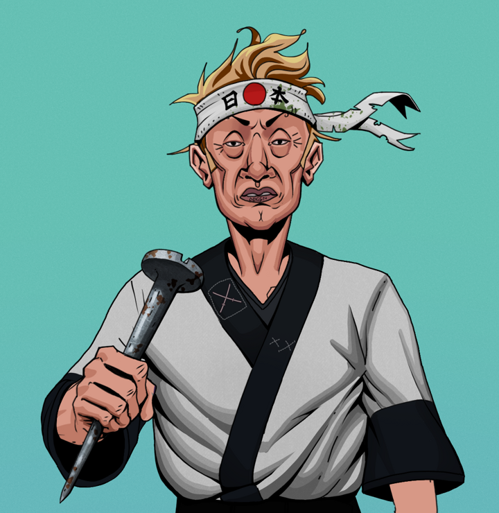 Goro — Degen Dojo NFT art (Shirtless Runt, Teal Daytime, Degens, Katana Kimono, Goro, Karate Headband, Rusty Nail, Mint)