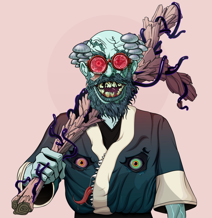 Igor The Bear — Degen Dojo NFT art (Shirtless Runt, Red High Moon, Demons, Skull Kimono, Igor The Bear, Broken Glasses, Kung Fu Master, Large Branch, Mint)