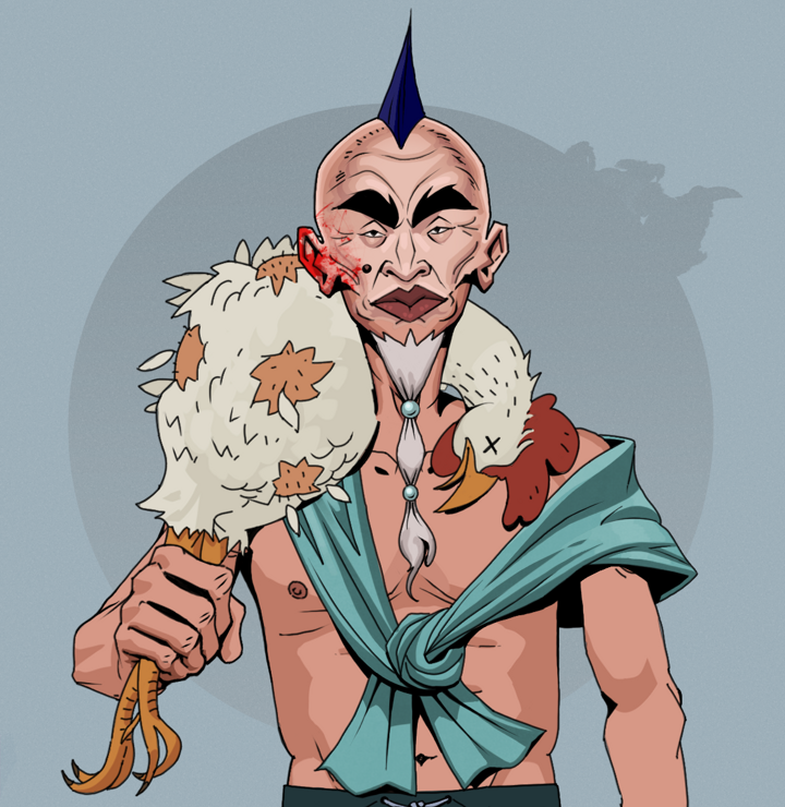 Yuji The Wise — Degen Dojo NFT art (Shirtless Runt, Grey Mist, Degens, Queeny Chic, Yuji The Wise, Mohawk Spike, Chicken, Mint)