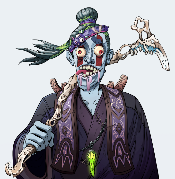 Drooling Azuma — Degen Dojo NFT art (Shirtless Runt, Light Grey, Demons, Dejen Apostate, Drooling Azuma, Long Flowing, Artisan Walking Cane, Mint)