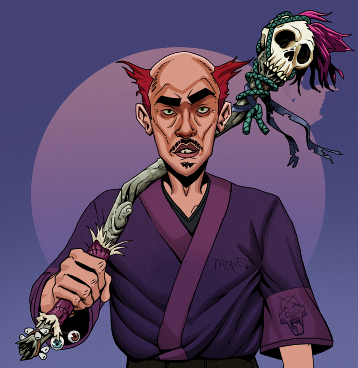 Gloomy Masumi — Degen Dojo NFT art (Shirtless Runt, Purple Night, Degens, Money Kimono, Gloomy Masumi, Red Heihachi, Shaman Skull Staff, Mint)