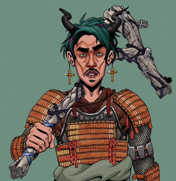 Gloomy Masumi — Degen Dojo NFT art (Golden Jesuit Crosses, Olive Green, Degens, Tatami Tosei Gusoku, Gloomy Masumi, Shirtless Runt, Black Oni Horns, Large Branch, Mint)