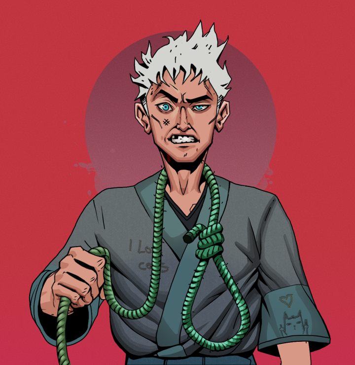 Akuma — Degen Dojo NFT art (Shirtless Runt, Red High Moon, Degens, Cet Kimono, Akuma, Short Spiky Grey, Noose, Mint)