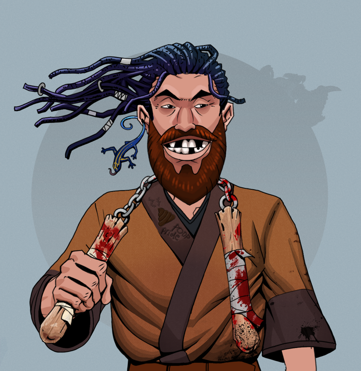 Igor The Bear — Degen Dojo NFT art (Lizard, Grey Mist, Degens, Poop Pride Kimono, Igor The Bear, Shirtless Runt, Flowing Dreads, Bloody Nunchucks, Mint)
