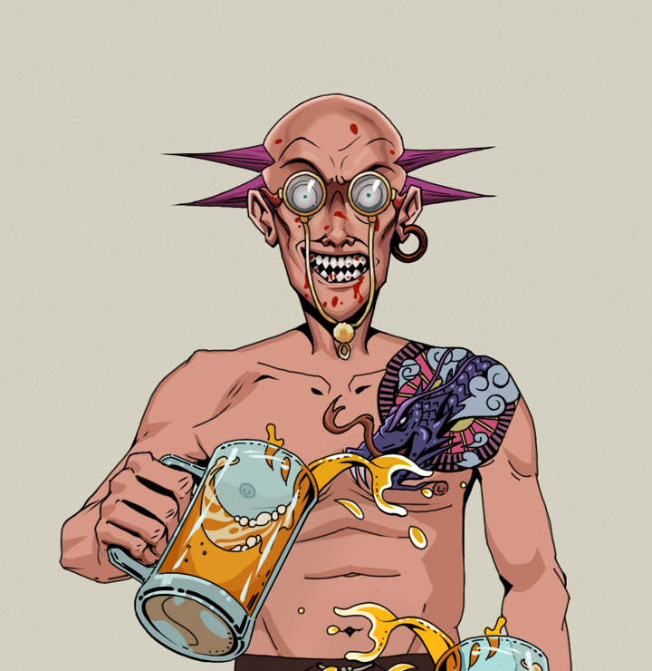 Assassin Fuzen — Degen Dojo NFT art (Wooden Loop, Warm Grey, Degens, Dragon Head Tattoo, Assassin Fuzen, Pompous Glasses, Dejen Mohawk, Beer Splash, Mint)