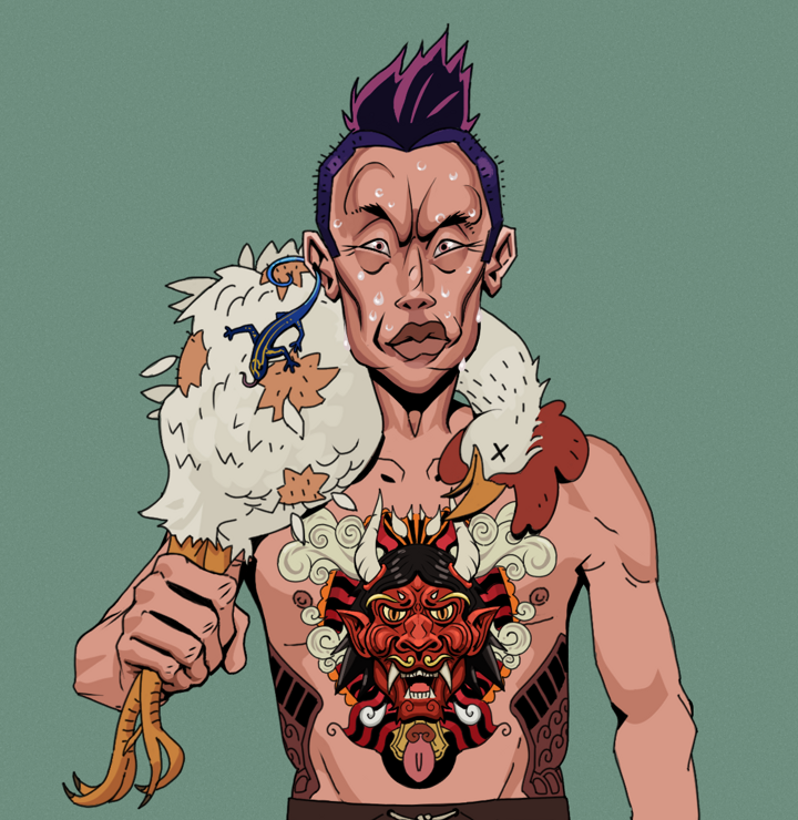 Stresshead Rin — Degen Dojo NFT art (Lizard, Olive Green, Degens, Red Oni Tattoo, Stresshead Rin, Shirtless Runt, Yakuza Hooligan, Chicken, Mint)