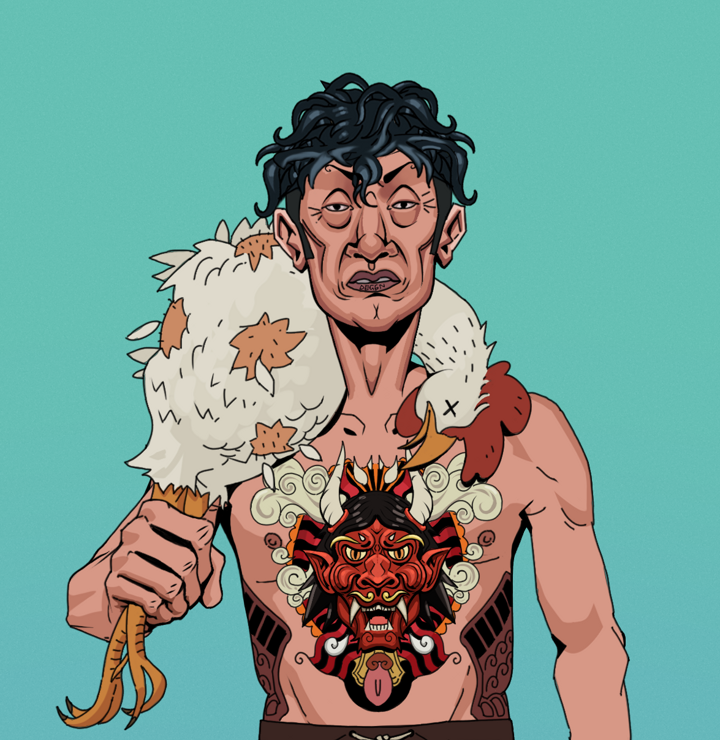 Goro — Degen Dojo NFT art (Shirtless Runt, Teal Daytime, Degens, Red Oni Tattoo, Goro, Messy, Chicken, Mint)