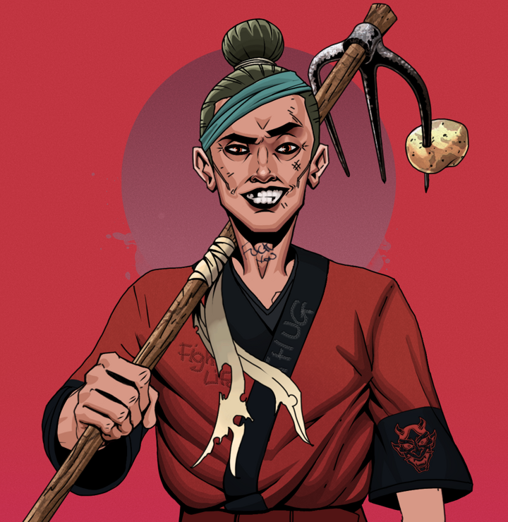 Junichiro — Degen Dojo NFT art (Shirtless Runt, Red High Moon, Degens, Red Oni Kimono, Junichiro, Hair Bun, Farmers Hoe, Mint)