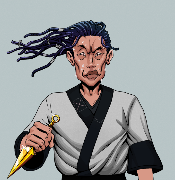 Stresshead Rin — Degen Dojo NFT art (Shirtless Runt, Light Grey, Degens, Katana Kimono, Stresshead Rin, Flowing Dreads, Golden Kunai, Mint)