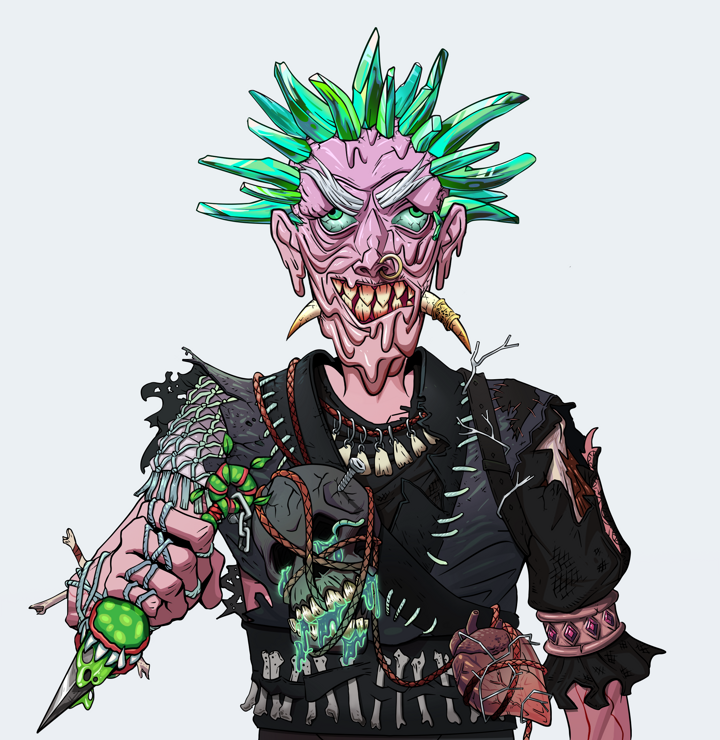 Assassin Fuzen — Degen Dojo NFT art (Shirtless Runt, Light Grey, Demons, Warlock Wannabe, Assassin Fuzen, Zapachi, Kunai, Mint)