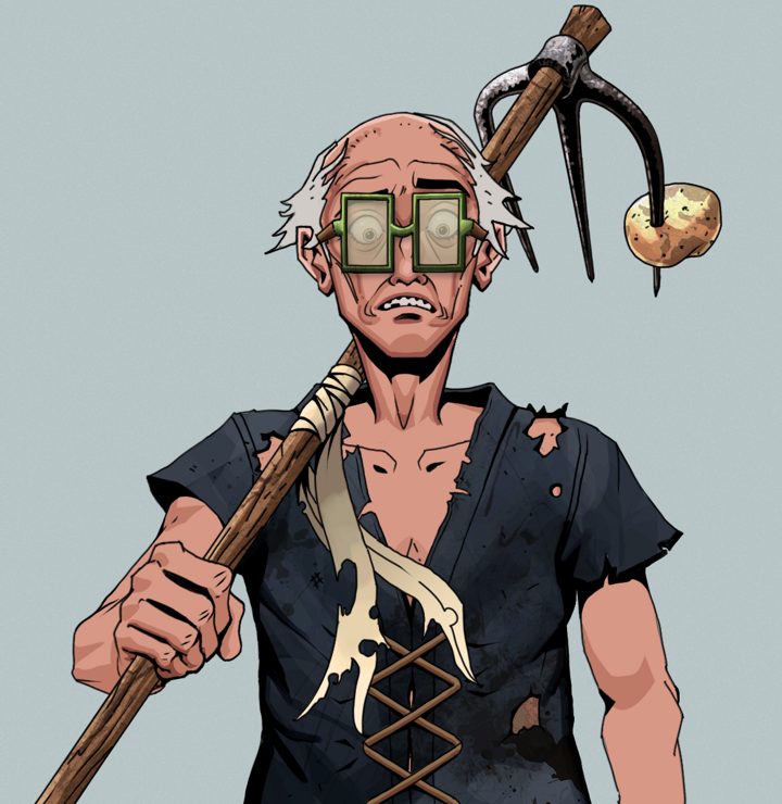 Shitless Botan — Degen Dojo NFT art (Shirtless Runt, Light Grey, Degens, Black Peasant Sack, Shitless Botan, Shoji Glasses, Kung Fu Master, Farmers Hoe, Mint)