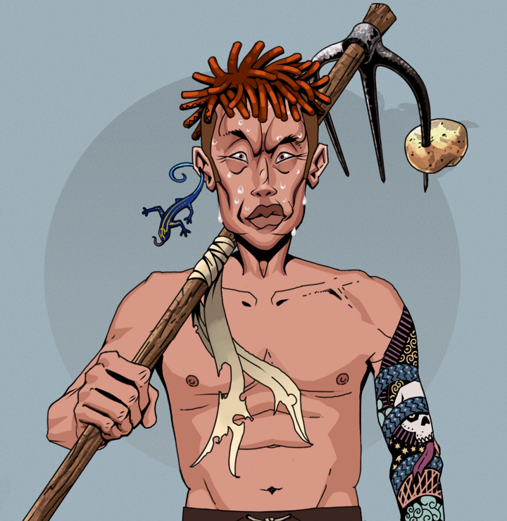 Stresshead Rin — Degen Dojo NFT art (Lizard, Grey Mist, Degens, Skull Sleeve, Stresshead Rin, Shirtless Runt, Orange Bantu Knots, Farmers Hoe, Mint)