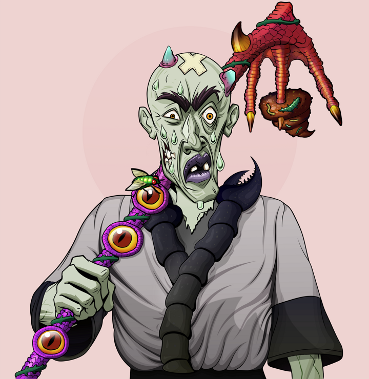 Stresshead Rin — Degen Dojo NFT art (Shirtless Runt, Red High Moon, Demons, Katana Kimono, Stresshead Rin, Bald, Poop Cleaner Hoe, Mint)