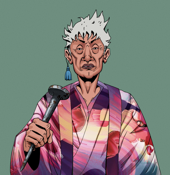 Goro — Degen Dojo NFT art (Tassel, Olive Green, Degens, Autumn Sakura Kimono, Goro, Shirtless Runt, Short Spiky Grey, Rusty Nail, Mint)