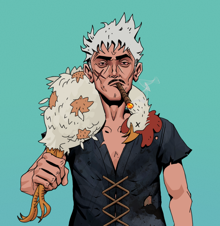 Raikou The Stoner — Degen Dojo NFT art (Shirtless Runt, Teal Daytime, Degens, Black Peasant Sack, Raikou The Stoner, Short Spiky Grey, Chicken, Mint)