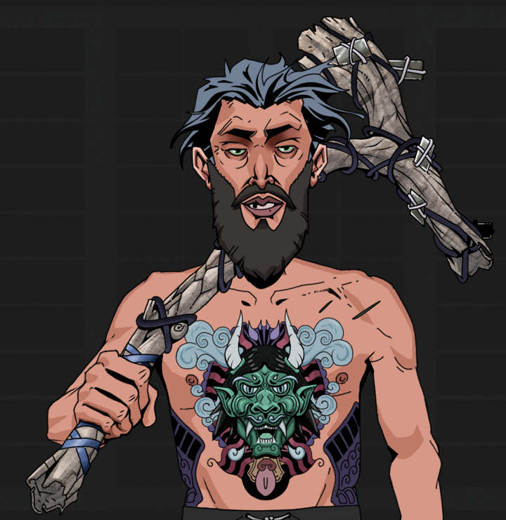 Serious Oleg — Degen Dojo NFT art (Shirtless Runt, Shoji Night, Degens, Blue Oni Tattoo, Serious Oleg, Wavy, Large Branch, Mint)