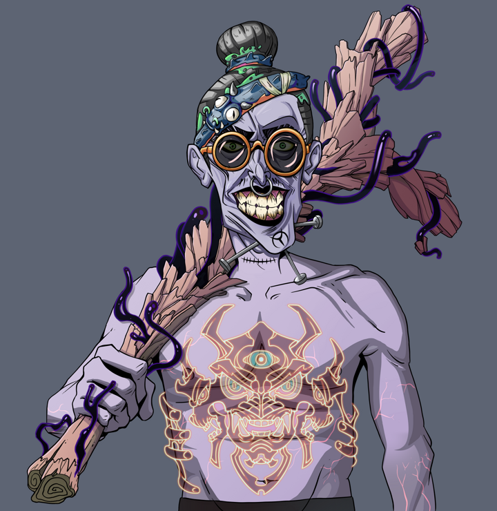 Junichiro Reborn — Degen Dojo NFT art (Shirtless Runt, Shoji Night, Demons, Red Oni Tattoo, Junichiro Reborn, Dark Spectacles, Hair Bun, Large Branch, Mint)