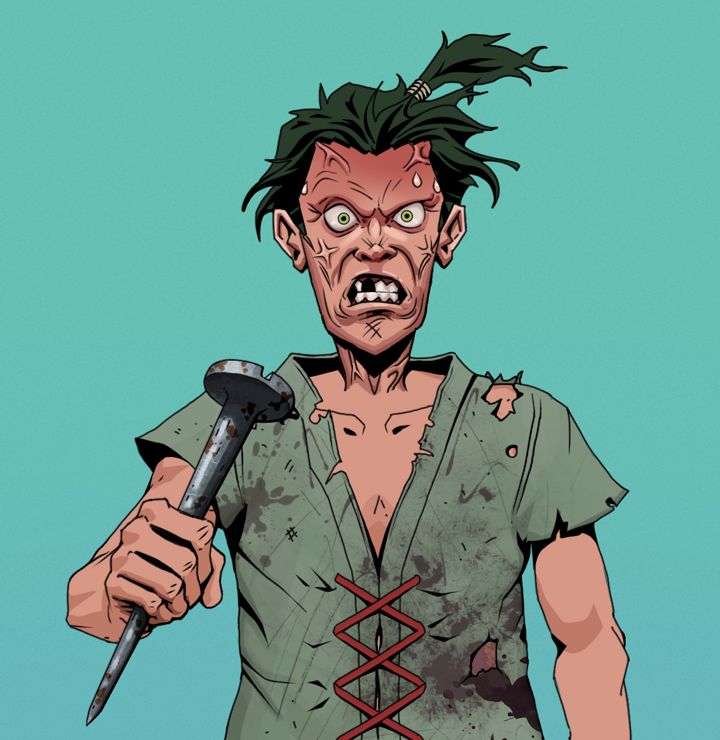 Angry Ikari — Degen Dojo NFT art (Shirtless Runt, Teal Daytime, Degens, Dirty Peasant Rags, Angry Ikari, Messy Ponytail, Rusty Nail, Mint)