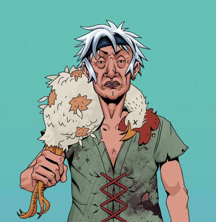 Goro — Degen Dojo NFT art (Shirtless Runt, Teal Daytime, Degens, Dirty Peasant Rags, Goro, White Ruffian, Chicken, Mint)