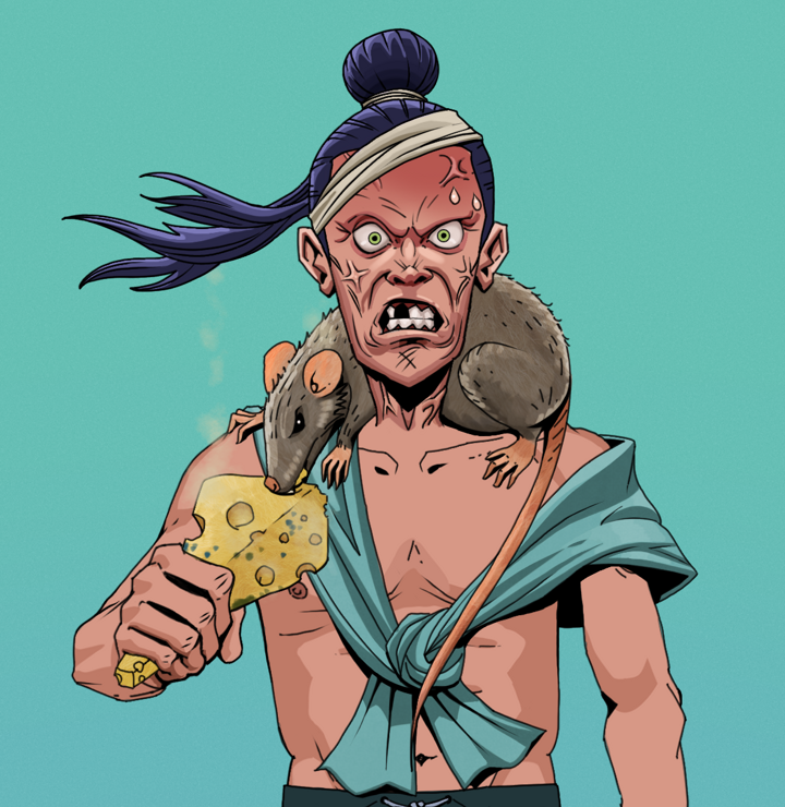 Angry Ikari — Degen Dojo NFT art (Shirtless Runt, Teal Daytime, Degens, Queeny Chic, Angry Ikari, Long Flowing, Mr. Rumi The Rat, Mint)