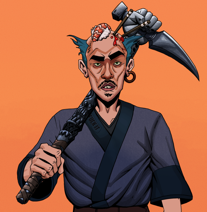 Gloomy Masumi — Degen Dojo NFT art (Wooden Loop, Orange Afternoon, Degens, Fuck You Kimono, Gloomy Masumi, Shirtless Runt, Sushi Fight, Stone Fist-Sickle, Mint)
