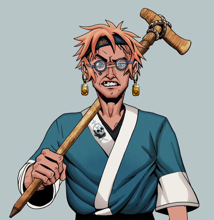Akuma — Degen Dojo NFT art (Gold Earrings, Light Grey, Degens, Skull Kimono, Akuma, Spectacles, Tiger Headband Ruffian, Wooden Walking Cane, Mint)