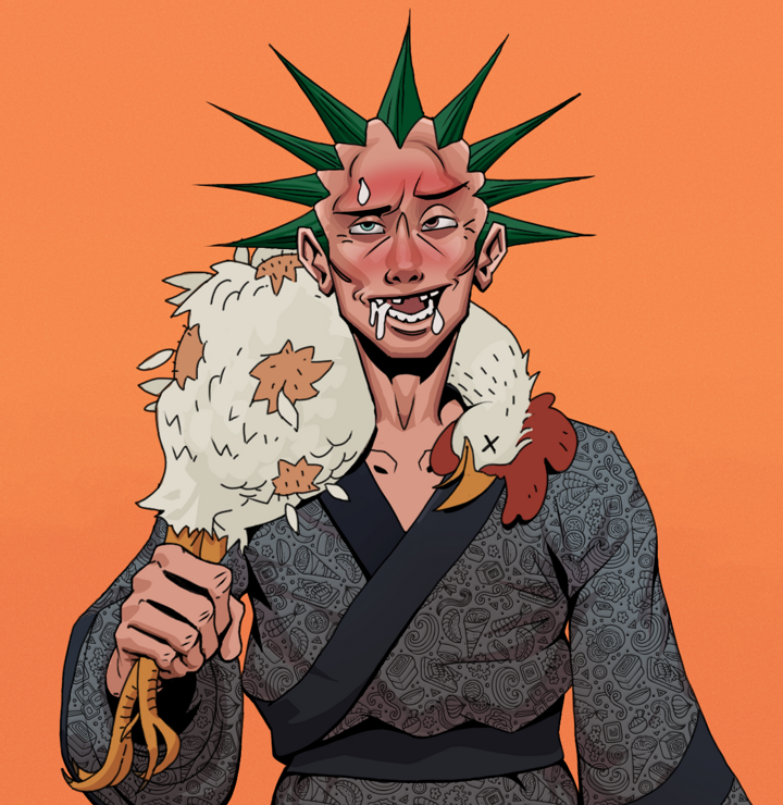 Yuuki — Degen Dojo NFT art (Shirtless Runt, Orange Afternoon, Degens, Sushi Love Loose Kimono, Yuuki, Zapachi, Chicken, Mint)