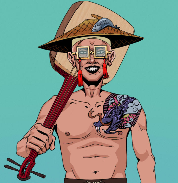 Junichiro Reborn — Degen Dojo NFT art (Shirtless Runt, Teal Daytime, Degens, Dragon Head Tattoo, Junichiro Reborn, Shoji Tassel Glasses, Wide Kasa Fisherman, Shamisen, Mint)
