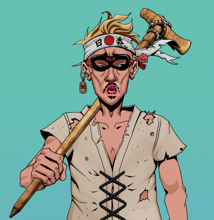 Masumi Steel — Degen Dojo NFT art (Dojo Paper Earring, Teal Daytime, Degens, Rice Sack Rags, Masumi Steel, Degen Superhero, Karate Headband, Wooden Walking Cane, Mint)