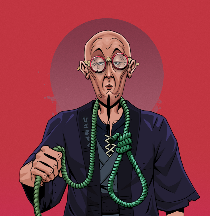 Edmundo — Degen Dojo NFT art (Shirtless Runt, Red High Moon, Degens, Daimyo Warrior Kimono, Edmundo, Broken Glasses, Bald, Noose, Mint)