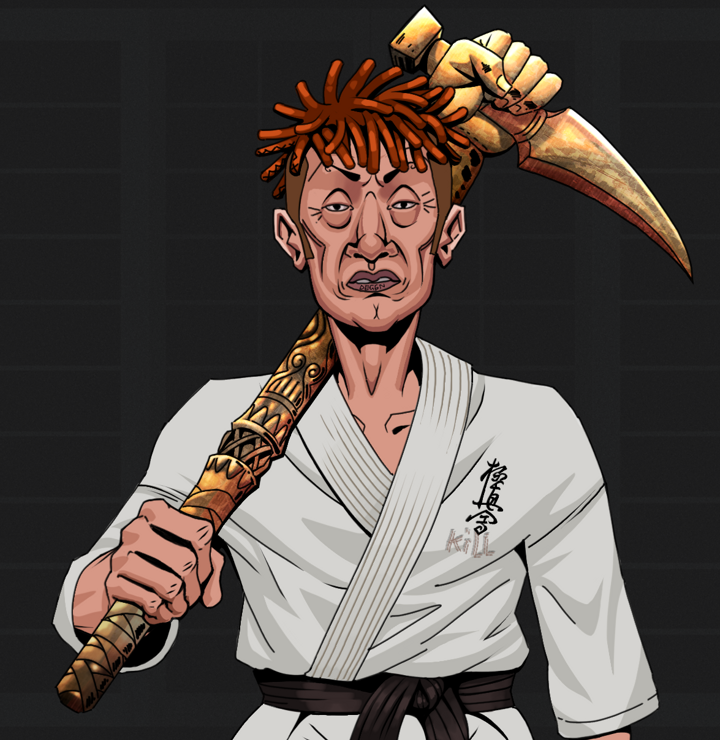 Goro — Degen Dojo NFT art (Shirtless Runt, Shoji Night, Degens, Student Gi, Goro, Orange Bantu Knots, Bronze Fisted Sickle, Mint)