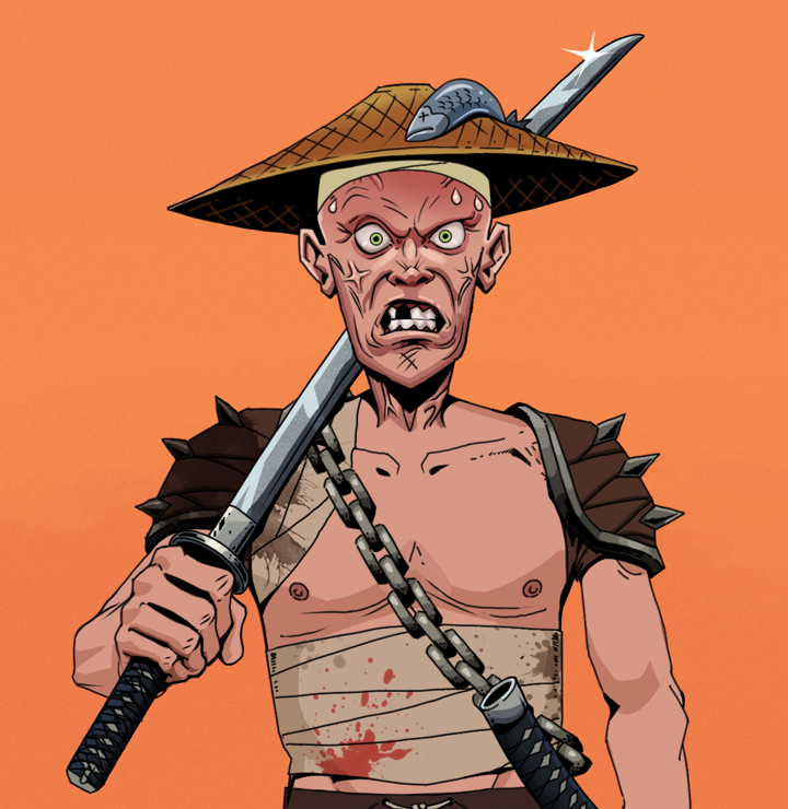 Angry Ikari — Degen Dojo NFT art (Shirtless Runt, Orange Afternoon, Degens, Mercenary, Angry Ikari, Wide Kasa Fisherman, Katana, Mint)