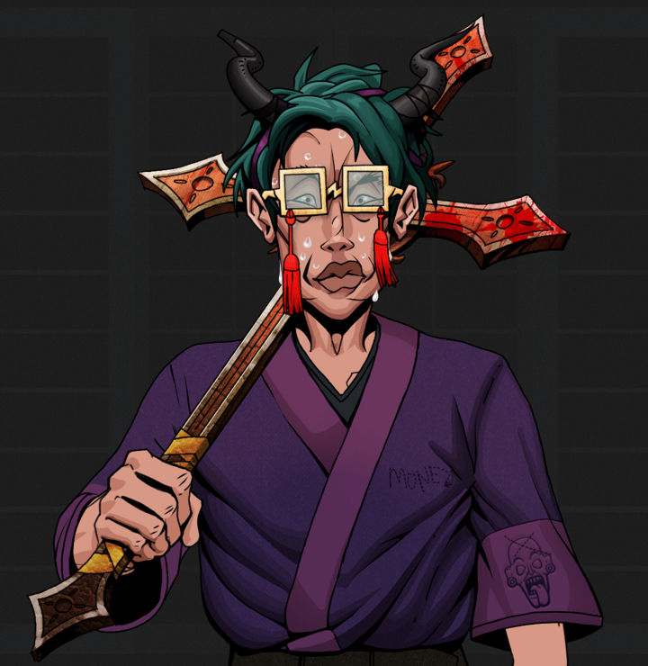 Stresshead Rin — Degen Dojo NFT art (Shirtless Runt, Shoji Night, Degens, Money Kimono, Stresshead Rin, Shoji Tassel Glasses, Black Oni Horns, Jesuit Bloody Cross, Mint)