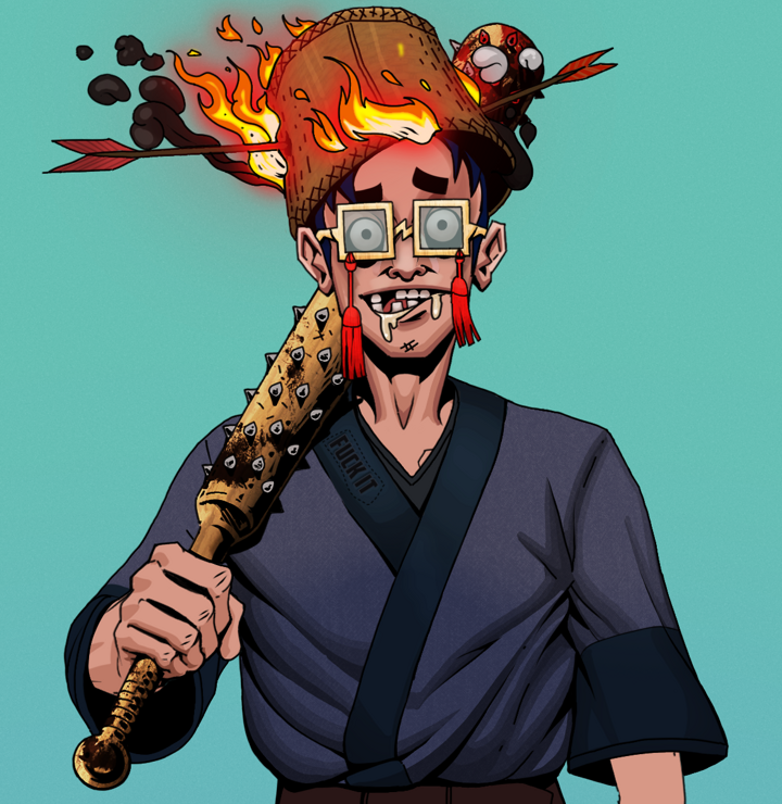 Drooling Azuma — Degen Dojo NFT art (Shirtless Runt, Teal Daytime, Degens, Fuck You Kimono, Drooling Azuma, Shoji Tassel Glasses, Burning Basket, Yakuza Club, Mint)