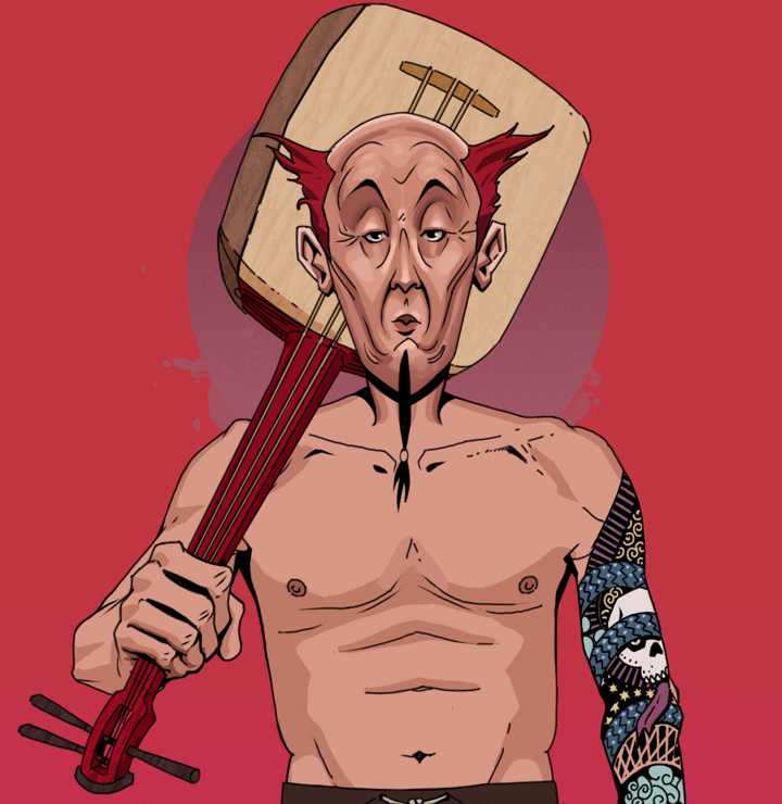Edmundo — Degen Dojo NFT art (Shirtless Runt, Red High Moon, Degens, Skull Sleeve, Edmundo, Red Heihachi, Shamisen, Mint)
