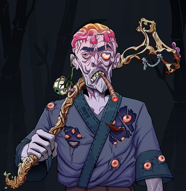 Raikou The Stoner — Degen Dojo NFT art (Shaman Eyes, Night Forest, Demons, Fuck You Kimono, Raikou The Stoner, Shirtless Runt, Rock Lee, Wooden Walking Cane, Mint)