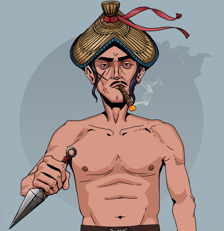 Raikou The Stoner — Degen Dojo NFT art (Shirtless Runt, Grey Mist, Degens, Raikou The Stoner, High Straw Rice Hat, Kunai, Mint)