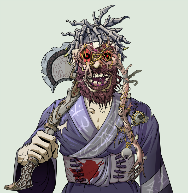 Igor The Veteran — Degen Dojo NFT art (Shirtless Runt, Olive Green, Demons, Sushi Love Loose Kimono, Igor The Veteran, Telescopic Glasses, White Ruffian, Axe, Mint)