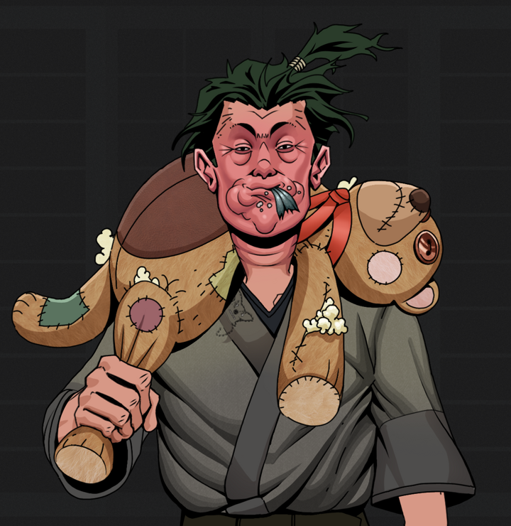 Fatty Bobsticks — Degen Dojo NFT art (Shirtless Runt, Shoji Night, Degens, Puppy Kimono, Fatty Bobsticks, Messy Ponytail, Teddy Bear, Mint)